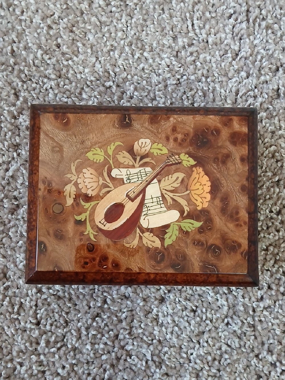 Hand Crafted Mahogany Wood Inlay Music Box with Mandolin Motif | Brown - Picture 4 of 7